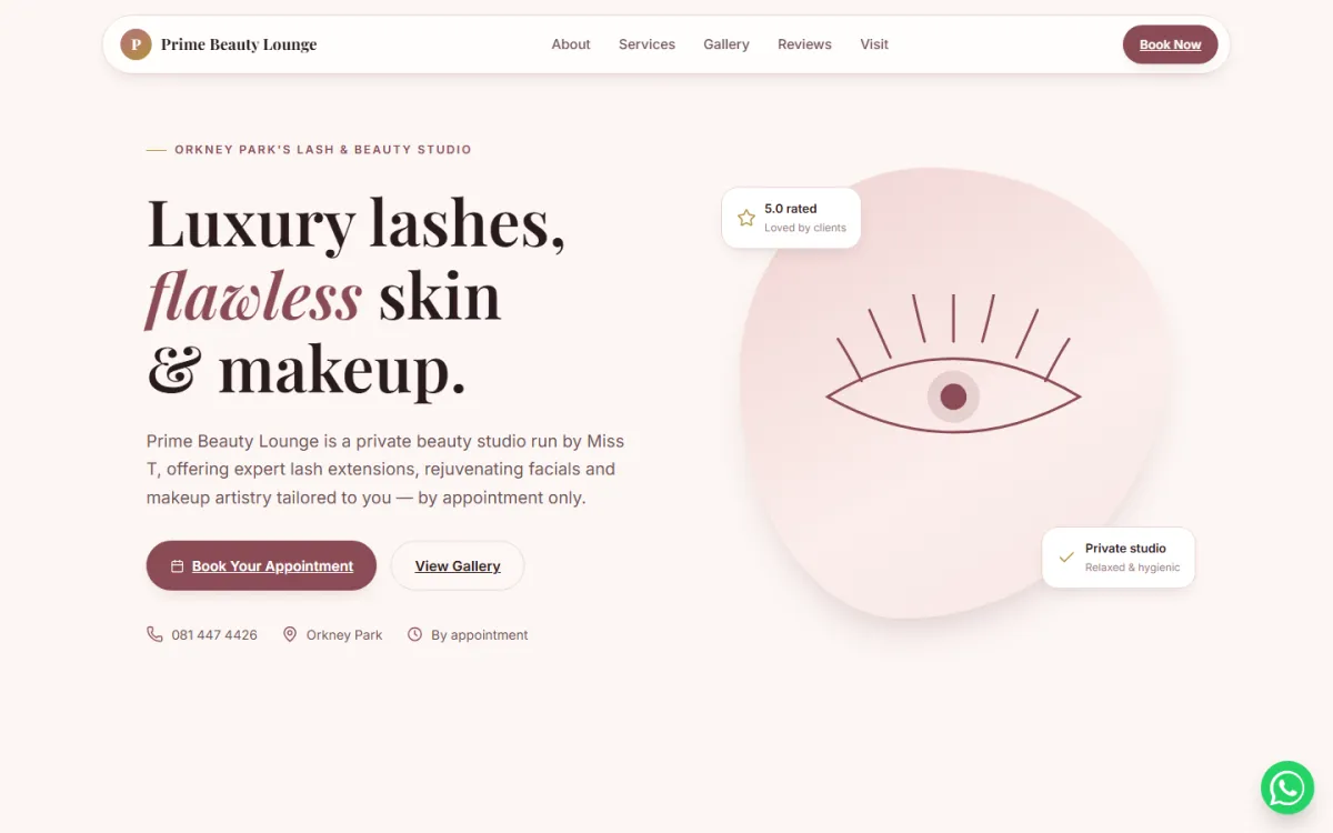 Prime Beauty Lounge website designed by Khwaza Web